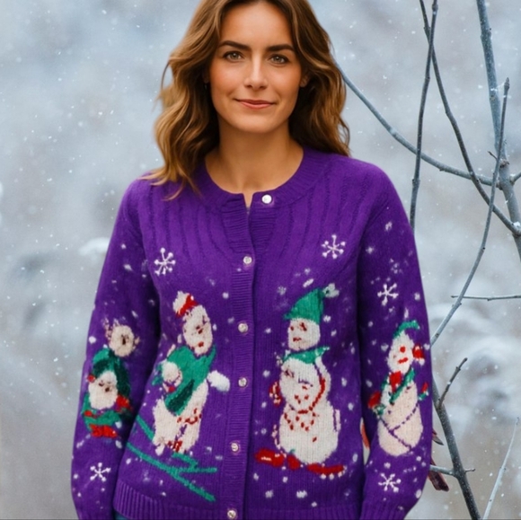 Vtg Hand Knit Ski bunnies Chunky Purple Cotton Novelty Cardigan Sweater Sz M - Picture 13 of 14